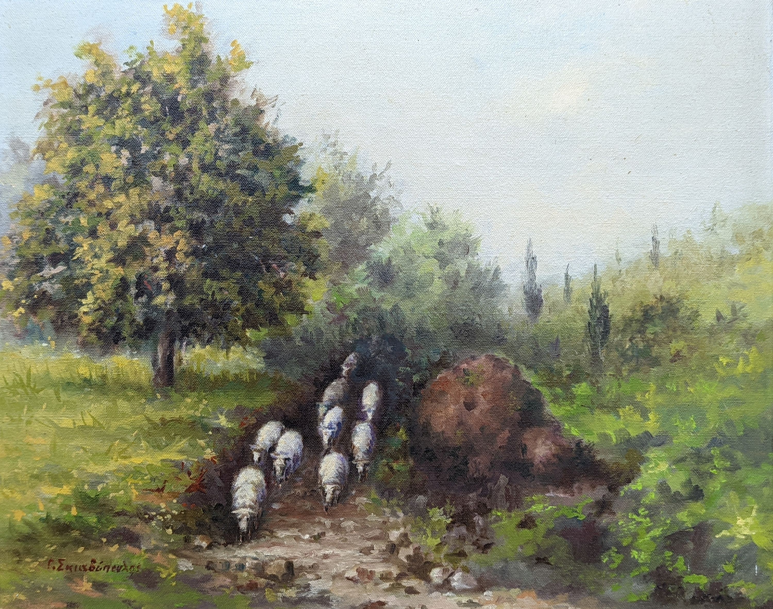 Greek School, oil on board, Sheep in a landscape, indistinctly signed, 39 x 49cm